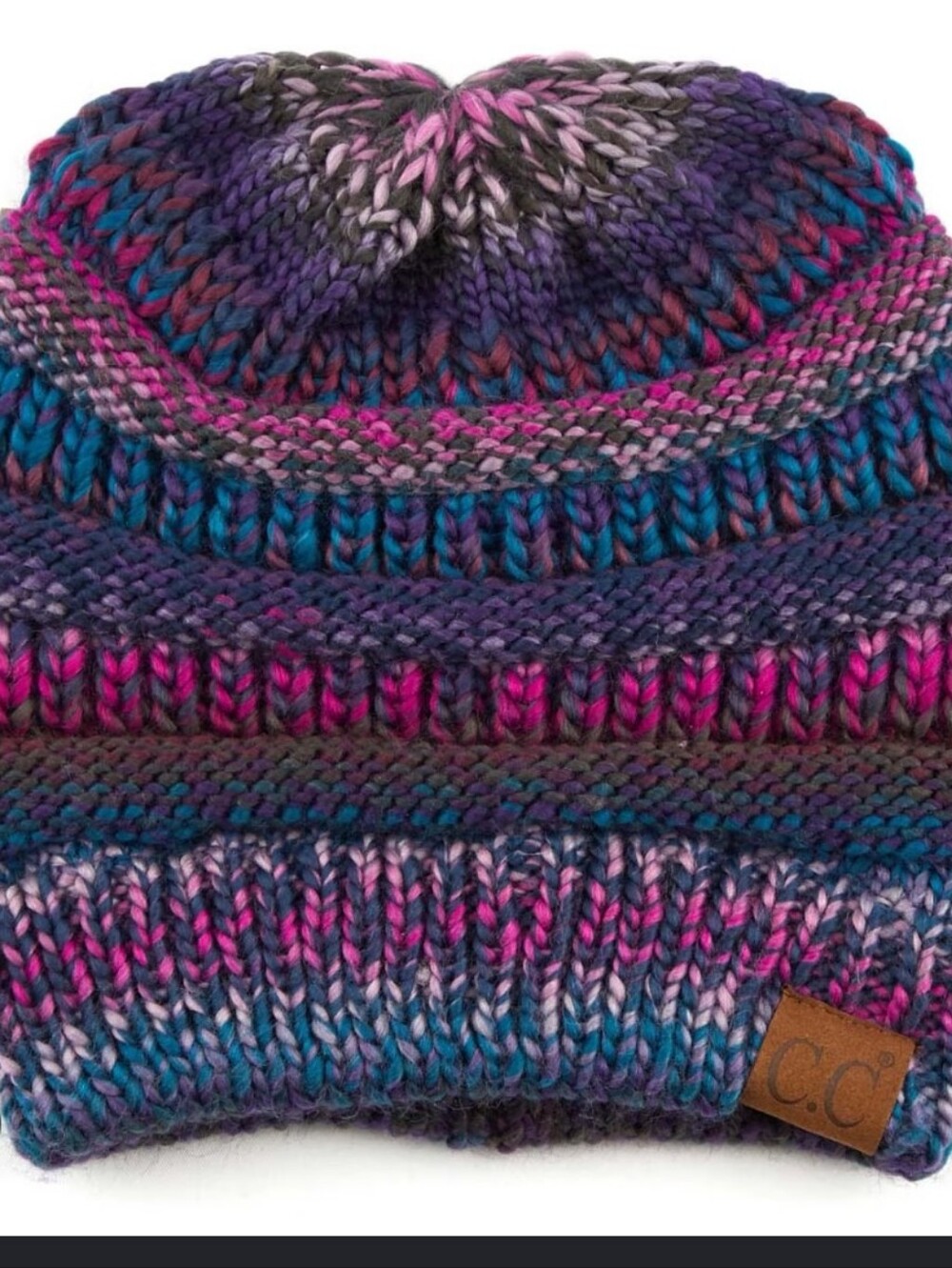 C.C Multicolor Knit Pom Beanie - Purple, Blue, Pink